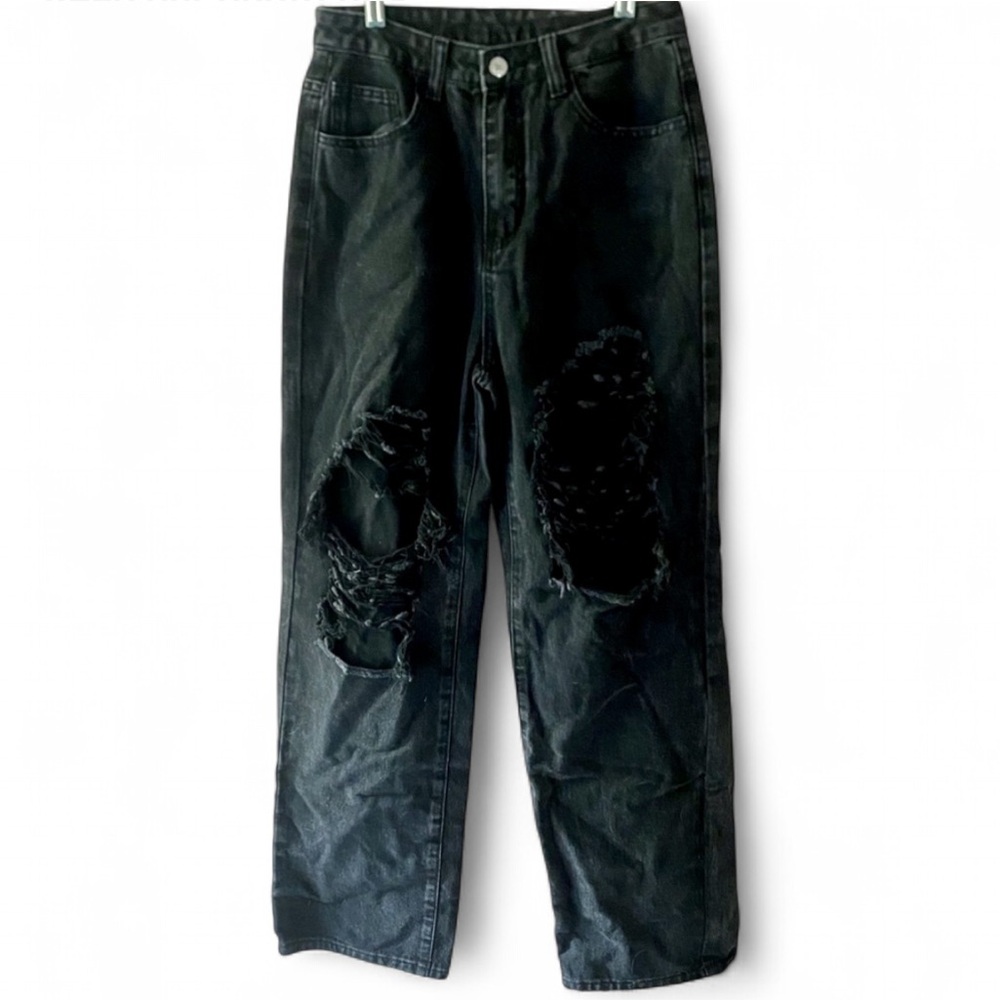 SHEIN BLACK DISTRESSED CUT OUT HIGH RISE DENIM MOM JEANS SIZE 4